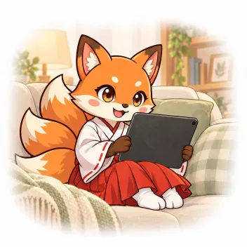 Kiki relaxing on a sofa with a tablet, watching a show.