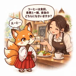 A café barista asks Kiki in Japanese whether she would like her coffee before, with or after her meal; Kiki hesitates, thinking “えーと…” (um…).