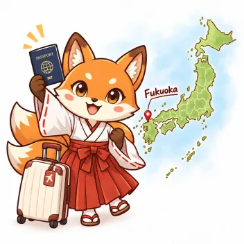 Kiki holding up a passport beside a suitcase and a map of Japan with Fukuoka marked.