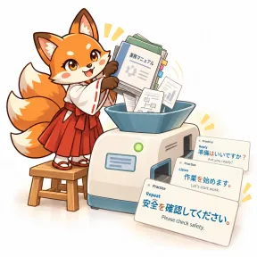Kiki feeds company manuals into a machine that turns them into Kikigo workplace exercise cards.